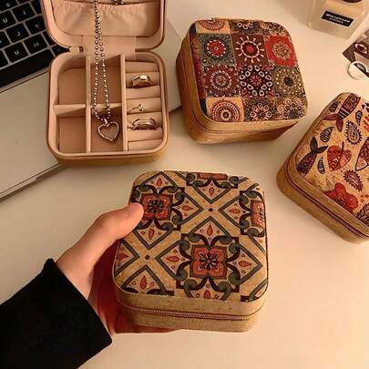 1个复古印花迷你首饰盒，可收纳耳环、戒指、项链，旅行收纳盒，优雅印花首饰盒，多功能首饰收纳盒
