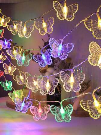 1条1.5米/3米，10/20颗LED灯珠，透明条纹蝴蝶形LED灯串，带电池盒（不含电池），适用于婴儿房装饰、室内外装饰、家居、庭院、节日、派对等场合。