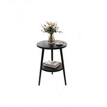 Mesa Auxiliar Redonda 2 Niveles, Mesita Lateral/Noche/Mesa de Centro para Sala de Estar, Dormitorio, Balcn, Marco de Metal con Estante, Estilo Moderno Minimalista, Resistente y Fcil de Limpiar - Negro - Ver 2