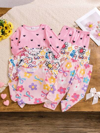 3 Sets (6pcs) Girls & Toddlers Casual Floral, Bow, Letter, Heart Printed Soft, Comfortable, Flame Retardant Knit Long Sleeve T-Shirt And Pants Pajama Set, Suitable For Autumn/Winter Home Wear