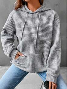Women's Casual Hoodies Long Sleeve Solid Lightweight Pullover Tops Loose Sweatshirt With Pocket - Xám - Xem 2
