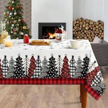 Mantel Navideo, Mantel Navideo Rectangular de 60x 84 Pulgadas, Diseo Mueco de Nieve Invierno, Casa, y rboles de Navidad, Manteles Navideos Perfecto para/Picnic/Cena/Decoracin Blanco - Pino rojo - Ver 2