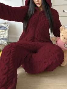 1pc Women's Hooded Jumpsuit With Ears, Heart Pattern, Cozy & Comfortable, Warm For Autumn/Winter - Redwood - View 4