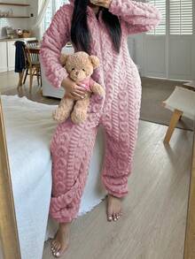 1pc Women's Hooded Jumpsuit With Ears, Heart Pattern, Cozy & Warm Casual Loungewear, Suitable For Autumn/Winter - Pink - View 9