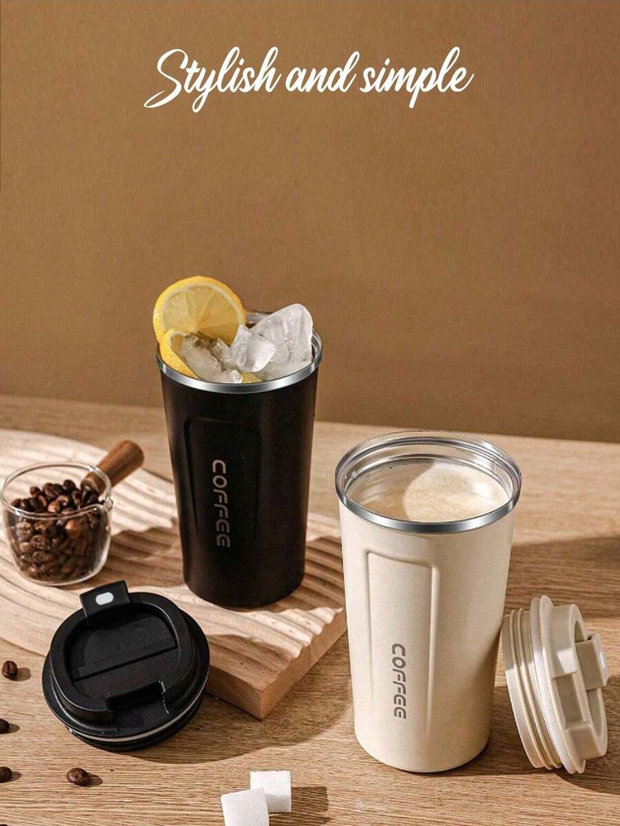 1pc/380/510ml Coffee Cup, Thermal Mug, Portable Latte Coffee Cup, Travel Water Bottle, Stainless Steel Double Wall Vacuum Insulated Tumbler, Iced Tea Cup, Thermal Flat Bottom Cup, Vacuum Flask With Anti-Slip Shell, Travel Portable European High-End Elegant Latte Cup For Men & Women, High-End Portable Cup - Suitable For Milk, Coffee, Tea, Juice - 彩色 - 查看 1