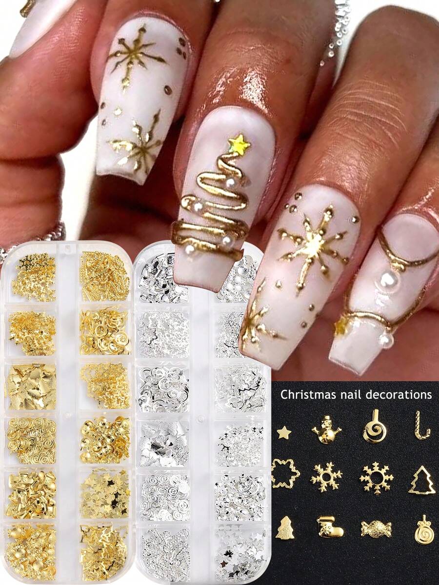 Christmas Nail Art Glitter, 12 Grids Gold Sliver Snowflake Nail Charms Snowflakes Snowmen Elk Bell Gift Xmas Tree Christmas Nail Design Winter Confetti Glitter Sequins Manicure DIY Nail Decoration Nails - Multicolor - View 1