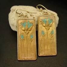 A Pair Of Retro-Style Gold Flower Enamel Earrings, Women's Niche Artistic Rectangular Earrings, Art Nouveau Light Luxury Jewelry - 金色 - 查看 6