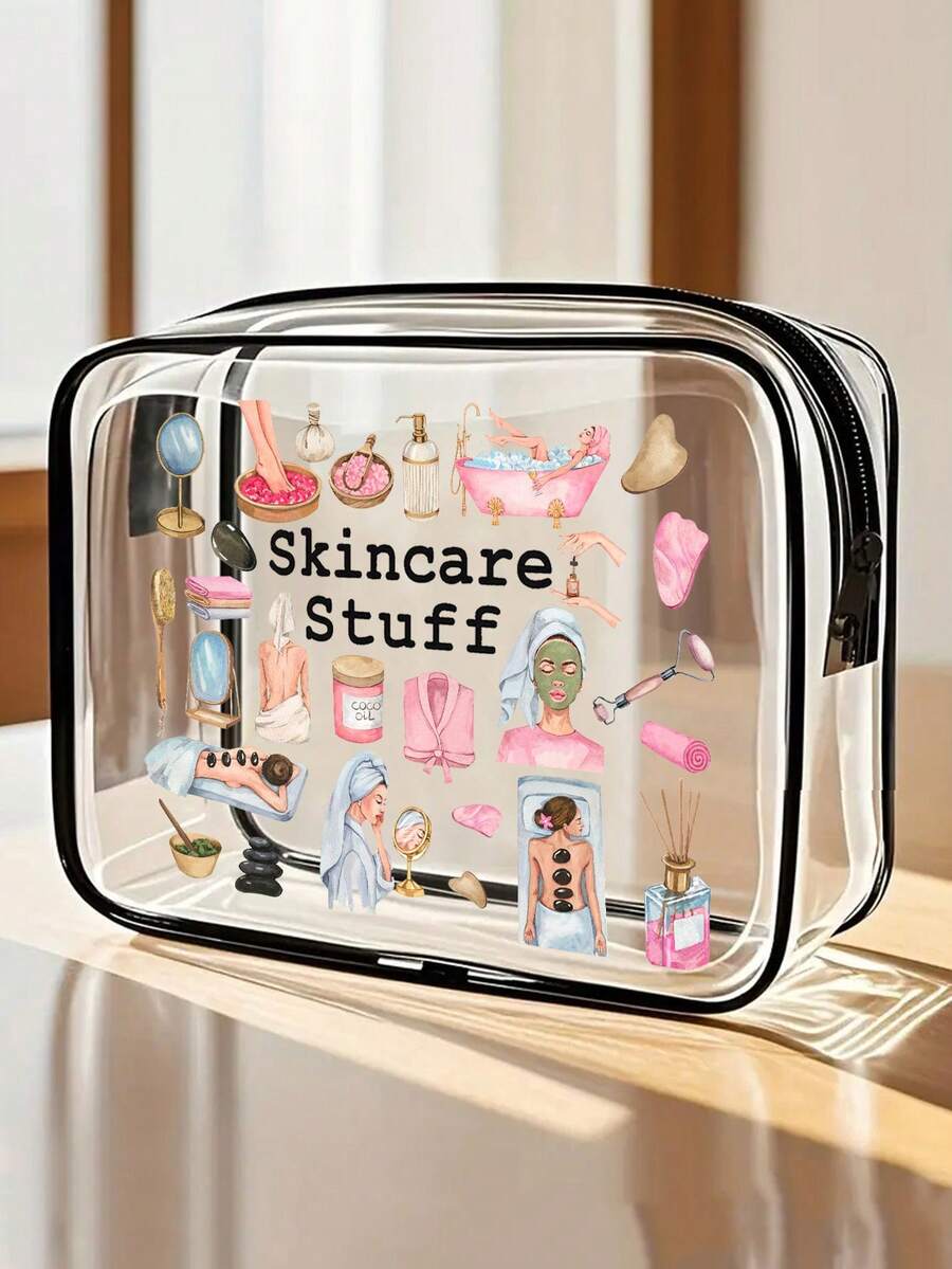 护肤字母印花PVC洗漱包，PVC旅行收纳包，拉链封口 - 轻便、不易褪色的化妆包，适合女性和女孩，TSA认证便携式化妆箱，易于擦拭清洁，是送给母亲、老师、朋友、护士和女性旅行者的绝佳礼物，防水洗漱包