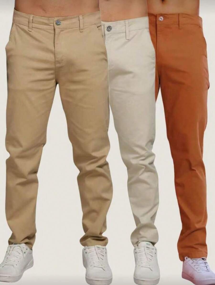 Set Of 3 Men's Ribbed Knit Trousers With Buttons And Pockets. Slightly Stretchy Fabric For Greater Comfort And Style. - castanho-bege-caramelo - 查看 1