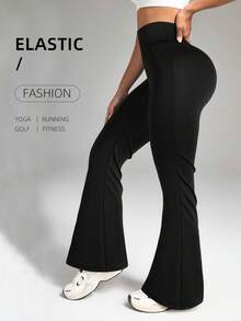 休闲裤、紧身裤、高腰运动裤、夏季阔腿瑜伽跑步训练喇叭裤、松紧腰带、弹力工作裤、修身裤