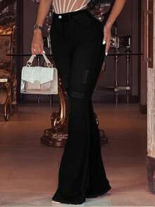 Casual Daily Ripped Flare Leg Jeans Without Belt - Black - View 4