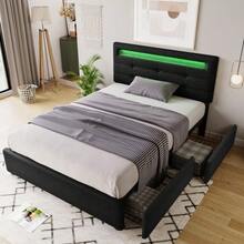 Bed Frame With LED Lighting And 2 Drawers, Single Upholstered Bed 90x200cm, Height-Adjustable Headboard, Wooden Slatted Base, Grey (Mattress Not Included) - 黑色 - 查看 2