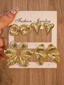 6-30pcs Gold-Plated Flower Petal & Geometric Textured C-Shaped Earring Set, Suitable For Daily Wear, Great Gift For Family, Friends And Girlfriends - Yellow Gold - View 13