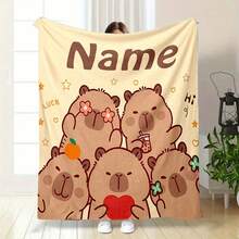 Cobertor de Flanela Personalizado de Capivara - Macio para Todas as Estações, Padrão Fofo de Capivara Marrom e Estrela Amarela, Lavável em Máquina, Presente para Amigos/Família, Decoração de Casa, Design Fofo de Animal, Têxtil Doméstico, Atmosfera Natalina em Casa, Respirável, Macio