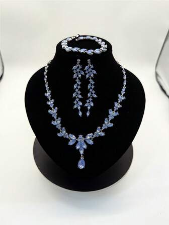 4件套奢华女士珠宝套装，包括项链、耳环和手链，适合新娘婚礼派对佩戴
