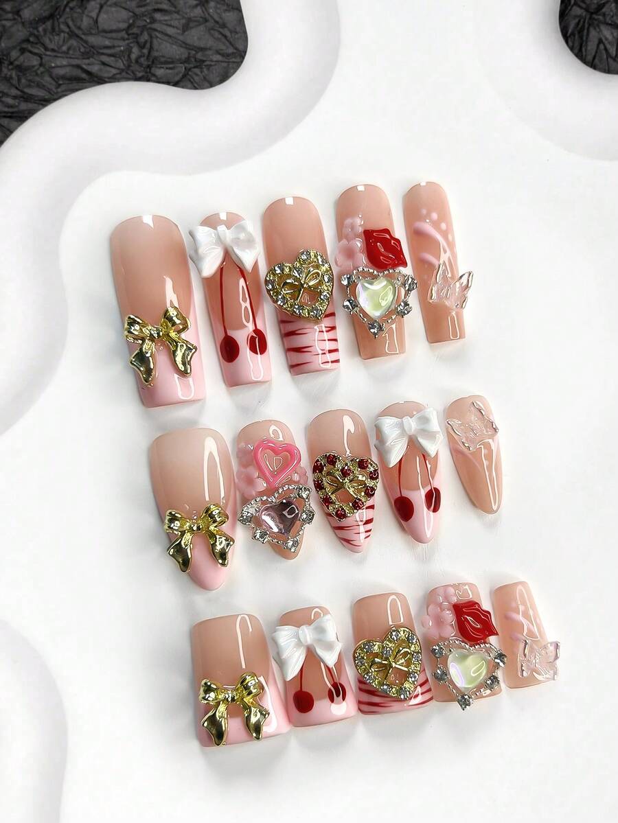 10pcs Valentine's Day Nail Art Set, Hand-Painted Cherry Nail Stickers, French False Nails, Water Wave Nail Stickers, Ethereal Butterfly, Metal Heart, Bow, Lip, Small Flower Nail Decorations, Pink Nail Polish, 3 Sizes Available: Almond, Duck Mouth, Coffin Shape, Comes With Nail Tools (1 Jelly Sticker + 1 Nail File), Suitable For Parties, Valentine's Day, Daily Wear, Great Gift - 彩色 - 查看 1