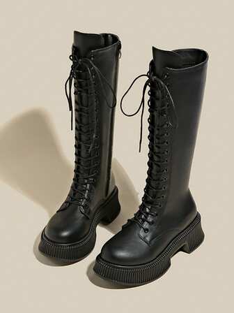 Thick Sole Tall Boots, New Autumn Lace-Up Slim Fit Over-The-Knee Side Zipper Riding Boots