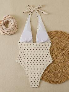 Women's Sexy Polka Dot Tie-Up Asymmetrical Backless Wrap Two Pieces Swimsuit, Beach Vacation Outfit For Summer - Apricot - View 3