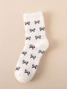 1/5 Pair (Random Delivery) Cute Bow Plush Short Socks For Women, All-Over Bow Print, Essential For Autumn/Winter Home Wear - Multicolor - View 14