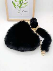 This New Winter Versatile Heart-Shaped Plush Bag Accessory Has Two Fluffy Pom-Poms And Comes With A Detachable 110cm/43-Inch Metal Chain. This Women's Autumn/Winter Handbag/Crossbody Bag With A Soft Plush Handle Makes A Perfect Gift For Friends Or Loved Ones. , Valentine's Day - Multicolor - View 5