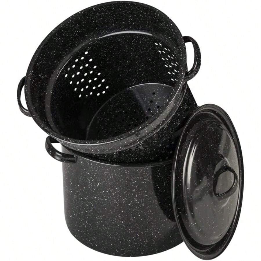 7.5 Qt 3 Piece Multiuse Pasta Pot Set With Strainer Pot And Lid In Speckled Black Design Ideal For Cooking Seafood Soups Sauces Large Capacity Easy To Clean Dishwasher  Versatile Kitchen Solution For Efficient Meal Preparation - SpeckledBlack - View 1