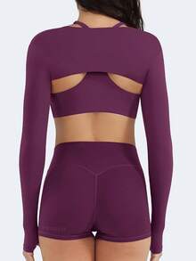 Women Crop Top Long Sleeve Bolero Open Front Workout Cropped Shirts Sports Shrug - Purple - View 5