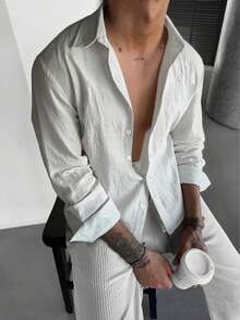 WAIT HIM 100%纯棉男士休闲纯色单排扣长袖衬衫 - 白色 - 查看 6