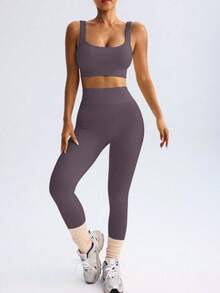 Fitness Set In Ribbed, Thick Polyamide - Top And Leggings - High Compression - Grey - View 5