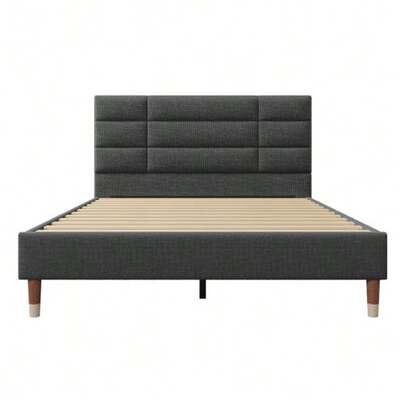 Upholstered Bed, Double Bed With Slatted Base, 140x200cm Upholstered Bed Frame With Headboard, In Black Linen, For Adults And Teenagers (Mattress Not Included)