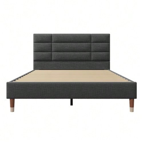 Upholstered Bed, Double Bed With Slatted Base, 140x200cm Upholstered Bed Frame With Headboard, In Black Linen, For Adults And Teenagers (Mattress Not Included)