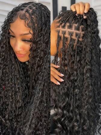 32 英寸全双蕾丝前片方形无结盒状编织假发，波西米亚风卷发末端，黑色盒状辫子假发，带婴儿头发，适合美国女性，合成蕾丝前片编织假发，日常使用