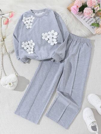 两件套女童碎花图案卫衣套装，休闲日常穿着，圆领长袖上衣搭配宽松直筒裤，春秋季款