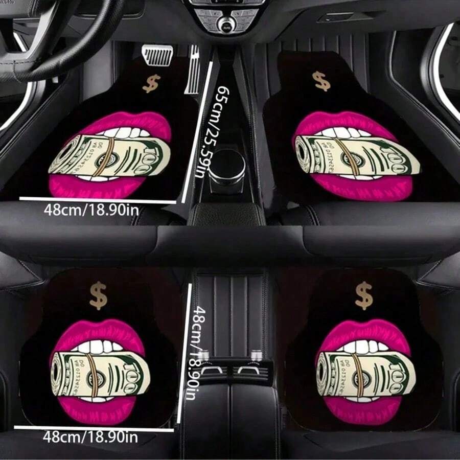 [4PCS/2PCS] Sexy Girl Cartoon Car Floor Mats, Red Lips And Dollar Print Car Interior Mats, A Must-Have For Female Drivers, Cute And Stylish Car Decorations. Suitable For Car Decoration, Commonly Used In Car Interior Accessories, Women's Car Interiors, Car Accessories, A Must-Have For Female Drivers. - Black - View 1