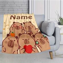 Cobertor de Flanela Personalizado de Capivara - Macio para Todas as Estações, Padrão Fofo de Capivara Marrom e Estrela Amarela, Lavável em Máquina, Presente para Amigos/Família, Decoração de Casa, Design Fofo de Animal, Têxtil Doméstico, Atmosfera Natalina em Casa, Respirável, Macio