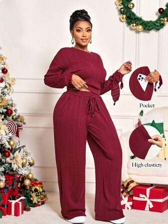 BIUBIU 女士秋冬时尚休闲大码运动服长袖系腰上衣和阔腿裤两件套