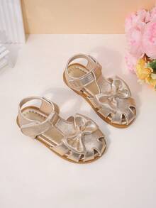 1双女童金色亮片蝴蝶结凉鞋，配金属PU皮鞋包，低帮魔术贴平底鞋，甜美公主风凉鞋，夏季演出/日常穿着 - 金色 - 查看 2