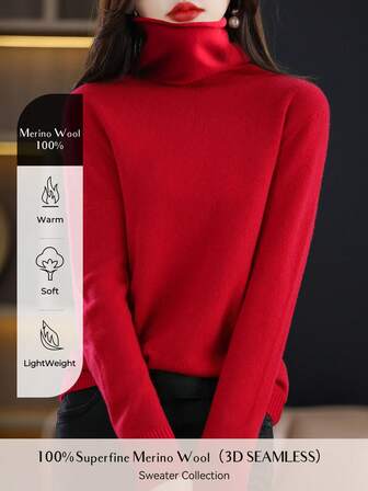 女式 100% 美利奴羊毛无缝毛衣高领秋冬保暖柔软针织复古毛衣长袖针织套头衫上衣