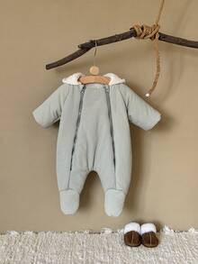 Newborn Baby Boy Thick Fleece Animal Ear Hooded Zipper Front Footed Jumpsuit, Warm For Winter - رمادي - مشاهدة 7