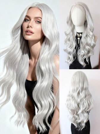 Silver Body Wave Lace Front Wig 13*4 Lace Front Synthetic Wigs With Pre Plucked Natrural Hairline Synthetic Lace Frontal Wigs Heat Resistant Fiber Daily For Women 24 Inch