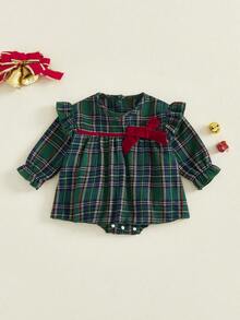 Mi primer atuendo navideño para niña, vestido de cuadros escoceses, mono con volantes, manga larga, lazo de terciopelo, falda acampanada, mono navideño, vestidos de princesa de 0 a 18 meses - Verde - Ver 2
