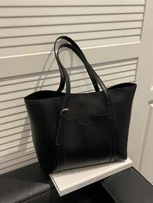 Bolso de hombro de color contrastante de moda, bolso de tela versátil y vintage para ir al trabajo - Negro - Ver 3