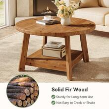 LITTLE TREE Farmhouse Round Coffee Table, Solid Wood 2-Tier Accent Table With Storage Shelf & Tapered Legs For Small Spaces - Apricot - View 5