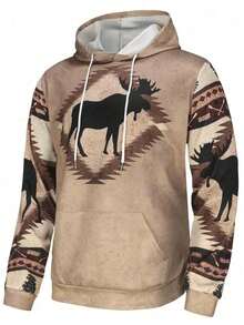 Deer Pattern Design Men's Hoodie With Kangaroo Pocket, Casual Fashion Men's Pullover Hoodie For Spring And Autumn
