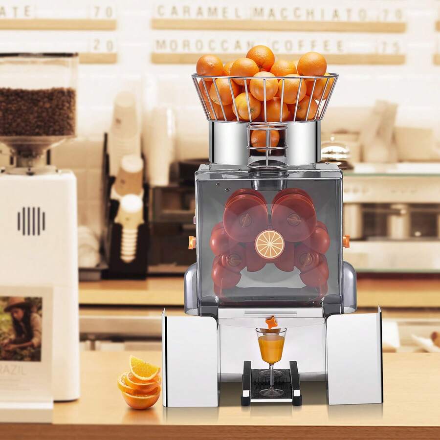 Exprimidor de naranjas comercial , extractor de jugo automático de 120 W, extractor de jugo de acero inoxidable para 25 naranjas por minuto, con caja de filtro extraíble, cubierta de PC, 2 cubos recolectores de cáscara - 25 naranjas - Ver 1