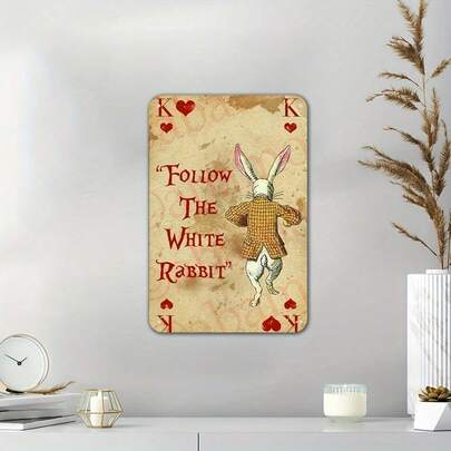 Alice i Underlandet-inspirerad plåtskylt - Följ den vita kaninen pokerkortdesign - Metallväggkonst för bar, vardagsrum, café, restaurang, stormarknad, tvättstuga, garage, kontor, sovrum, gym, biblioteksdekor - 20x30 cm