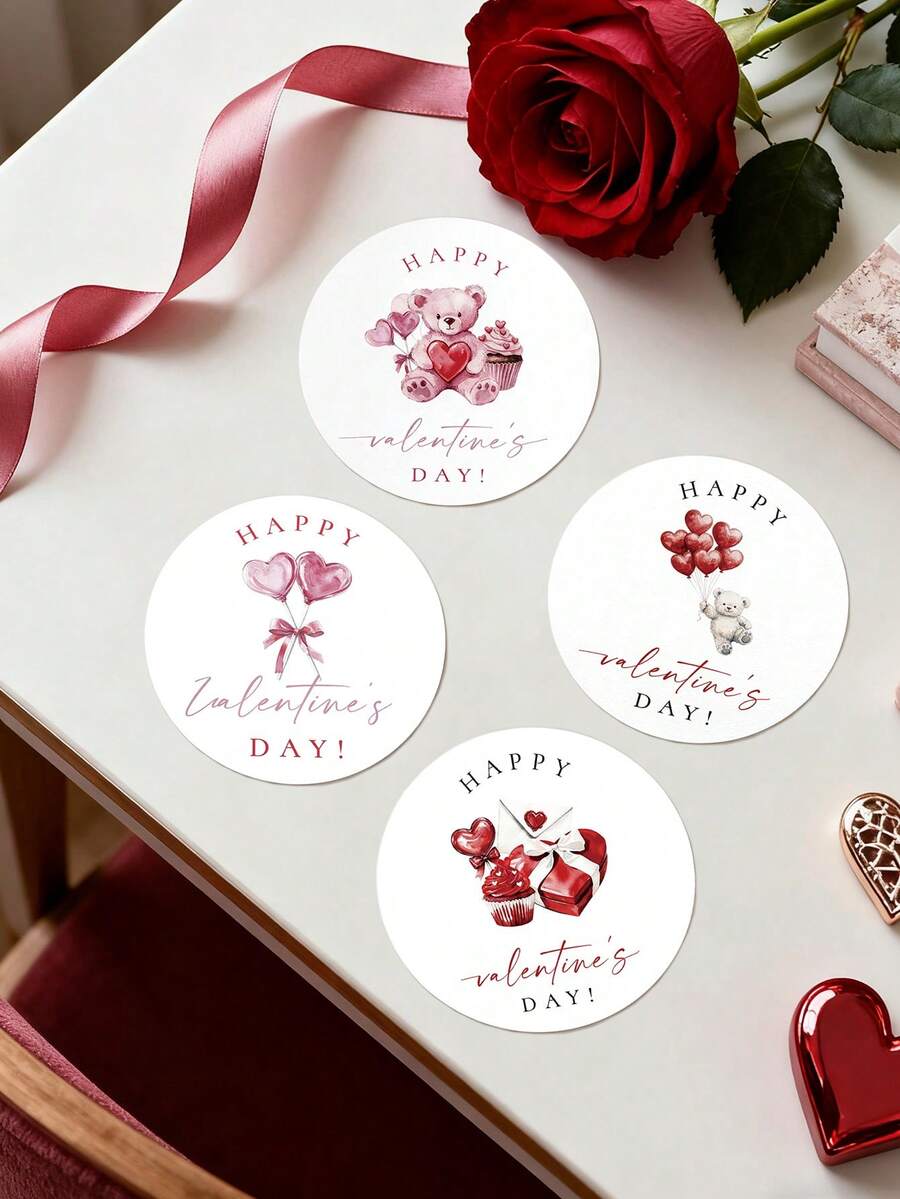 12张/套 大号情人节卡通装饰贴纸 – “情人节快乐”主题贴纸，图案为泰迪熊和心形气球。每张贴纸尺寸为5厘米/1.97英寸，适用于礼品包装、大信封、水瓶、手机壳和礼品盒。