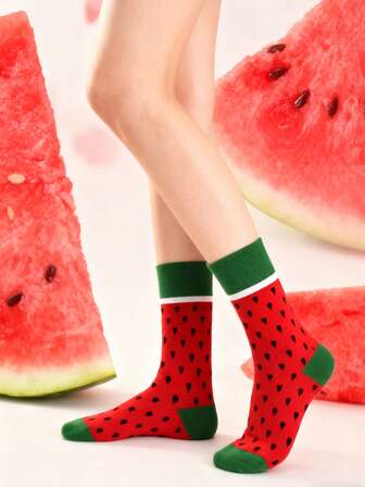 1 par de calcetines de media caña con estampado de sandía, de colores vivos y versátiles, unisex