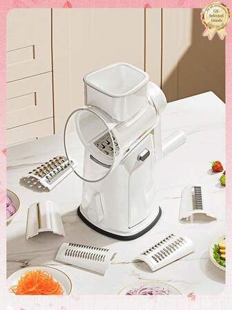 11件套/1件旋转式奶酪刨丝器带手柄，蔬菜切片器带10个刀片和强力吸盘底座，多功能圆形切片器和食物切碎器，带隐藏式刀片收纳盒，省时便捷，无需手动切碎和切片，30秒即可切片，适用于厨房、餐厅、露营等场合。