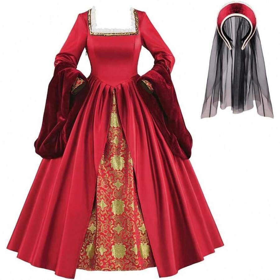 Vestido de corte Tudor - Vestido real de Ana Bolena y Elizabetano - Rojo - Ver 1