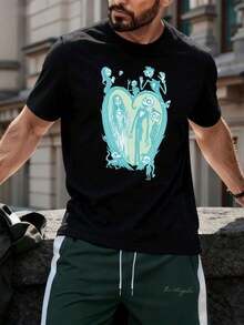 Camiseta de manga corta de Pesadilla antes de Navidad, cuello redondo, corte holgado, estilo urbano hip-hop, ajuste relajado, estampado llamativo - Negro - Ver 1